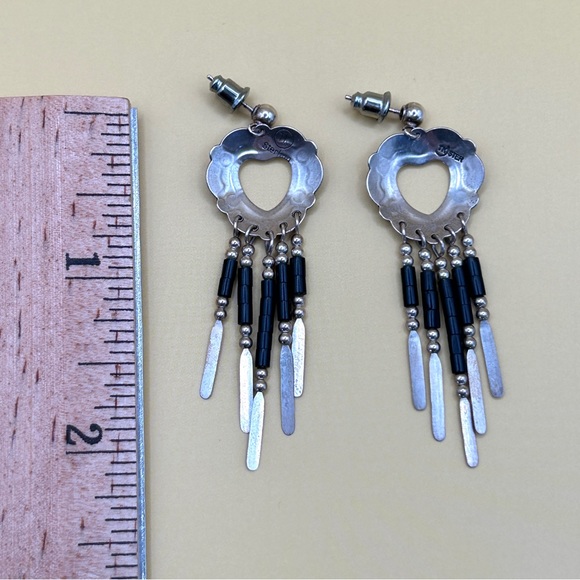 Vintage Native American Sterling Silver Heart Dangle Earrings 2" TK Emerson - Picture 9 of 9